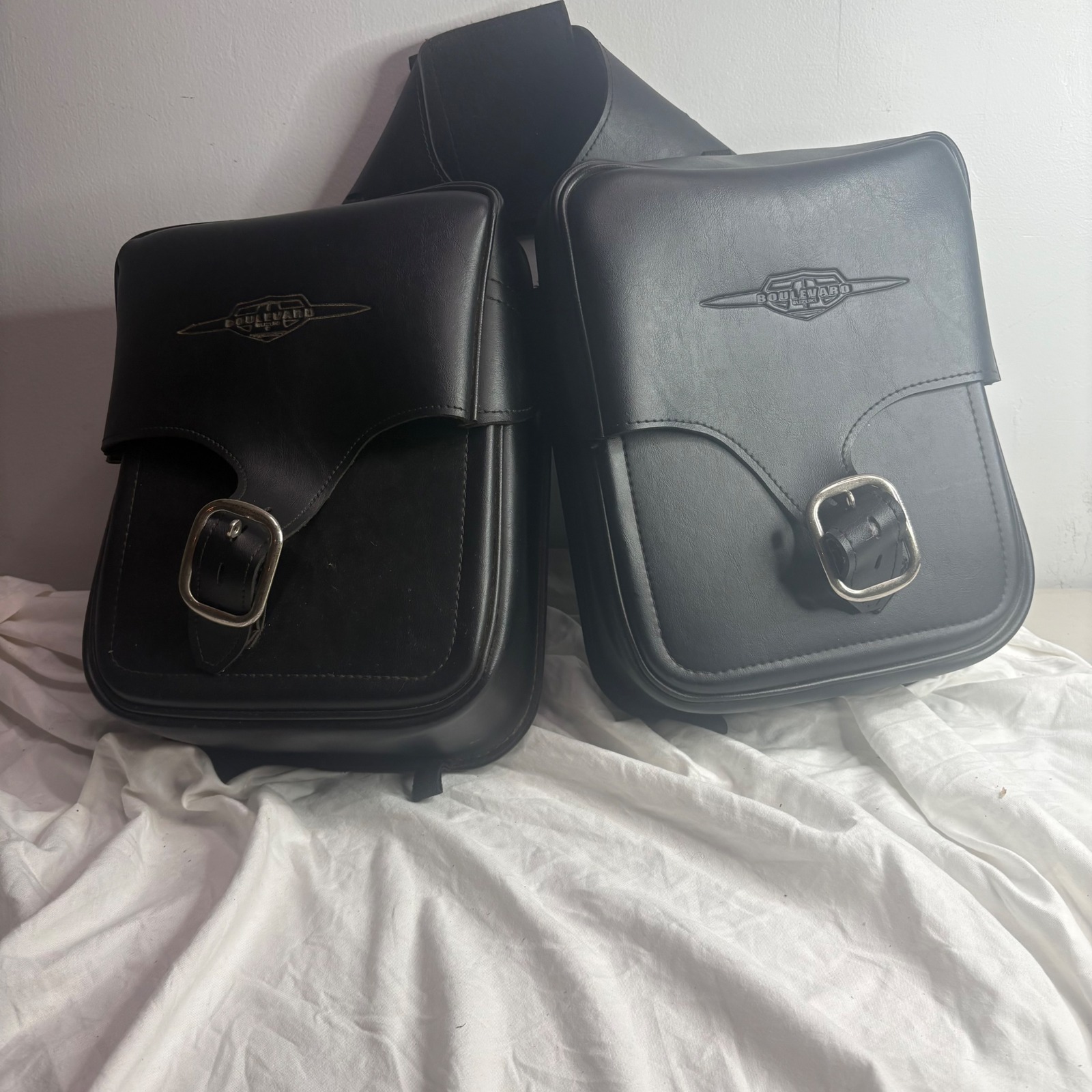 Suzuki Boulevard Motorcycle Saddlebags Black Faux Leather Buckle